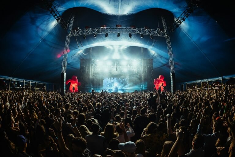 Concert crowd under stage lights (illustrative stock photo)